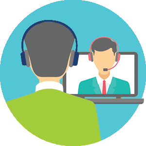 Icon of a person wearing a headset taking a virtual call on his computer