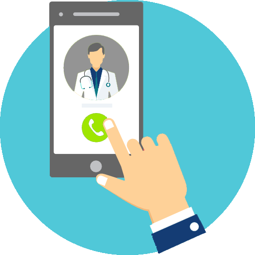 Icon of a hand tapping on a cellphone, showing a doctor phone call